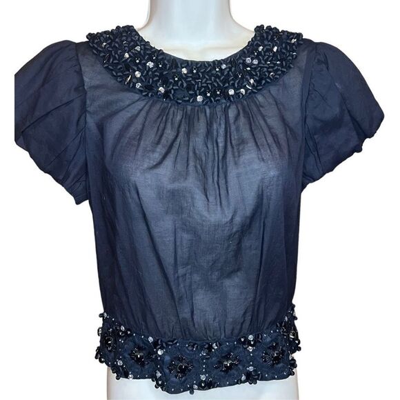 Diane Von Furstenberg 100% Cotton Black Embellished Top NWT Size 6 - Picture 1 of 9